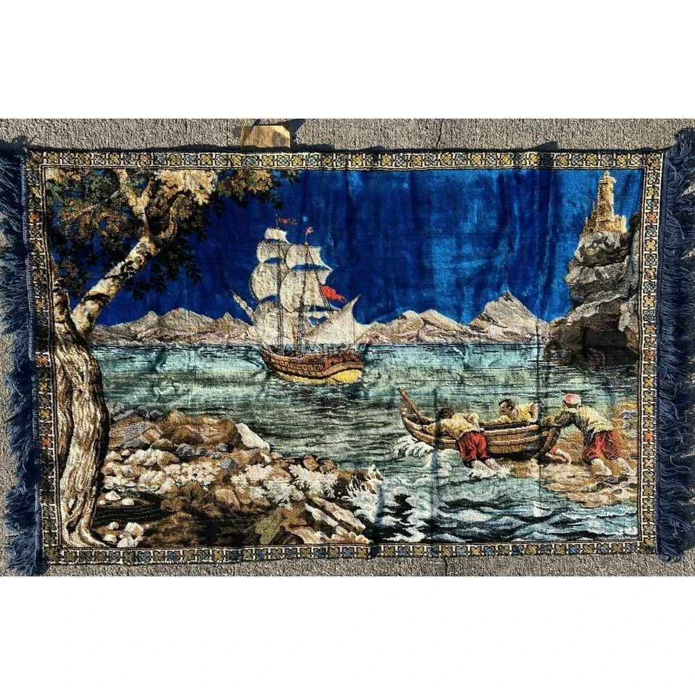 Vintage Italy Velvet Wall Rug Nautical Ship Lighthouse Scene 58x38